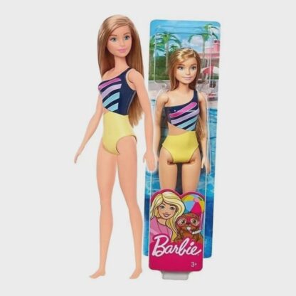 Boneca Barbie moda praia maiô amarelo listrado loira - Mattel