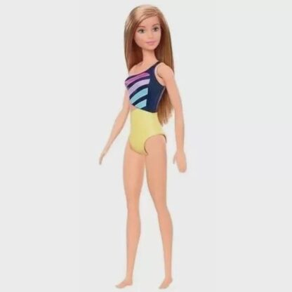 Boneca Barbie moda praia maiô amarelo listrado loira - Mattel - Image 2