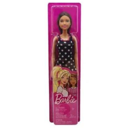 Boneca Barbie morena moda básica vestido preto de bolinhas brancas - Mattel