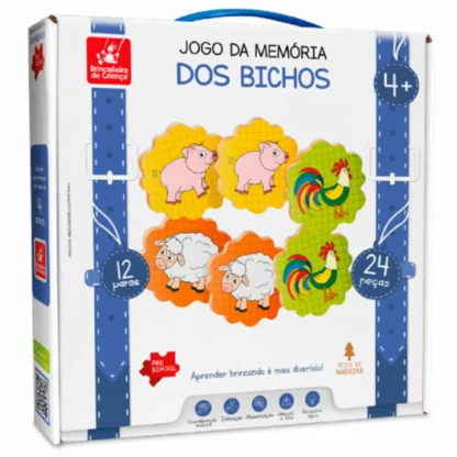 Jogo da memória dos bichos animais 24 peças de madeira - Brincadeira de criança