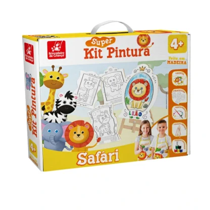 Super Kit Pintura Safari 4 telas avental 6 tintas cavalete em madeira - Brincadeira De Criança