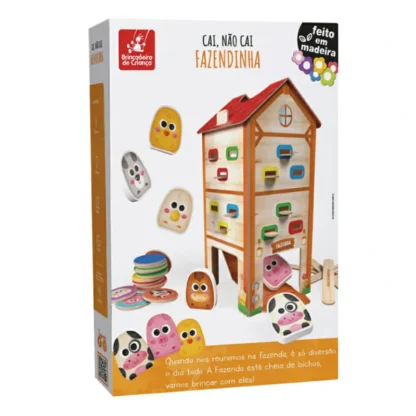 Brinquedo Jogo Cai,Não Cai Fazendinha  com celeiro 3 D em madeira - Brincadeira de Criança